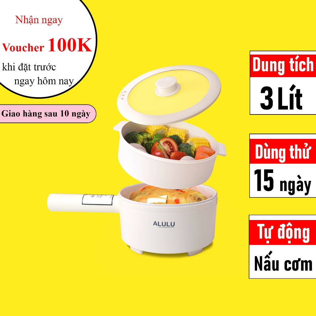 Nồi lẩu điện đa năng ALULU, dung tích 3L, kèm khay hấp 2.4L, có sẵn chức năng nấu cơm