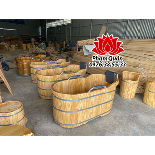 Bồn tắm gỗ thông dài tay vịn nilox( tặng thảo dược ngâm tắm khi mua bồn)