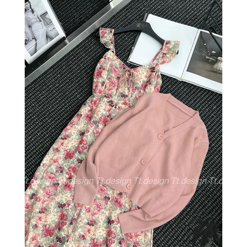 Váy cánh tiên hoa mix cardigan hồng QC