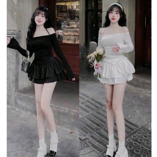 Sét bộ áo thun tay dài bẹt vai & chân váy tầng _Gân von