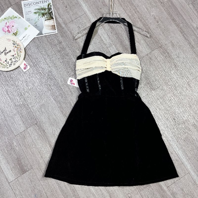 Đầm cổ yếm nhung cứng cúp ngực phối lưới, váy nữ cooset body có mút xoè dưới màu đen sang chảnh dự tiệc G494