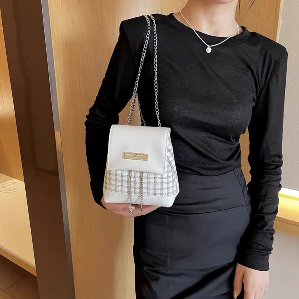 Balo mini quai xích họa tiết caro, phong cách Hàn Quốc dễ thương
