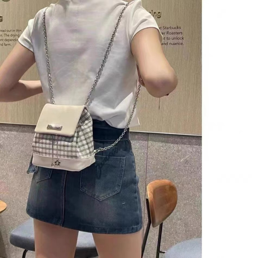 Balo mini quai xích họa tiết caro, phong cách Hàn Quốc dễ thương