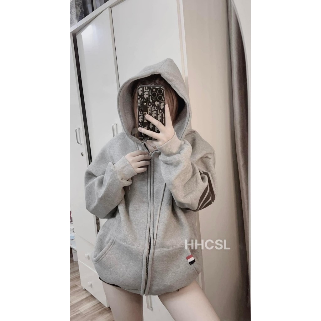 Áo Khoác, Áo Hodie Zip Kéo Khóa Màu Xám Đen THOMER 4 Vạch Cánh Tay Sang Chảnh