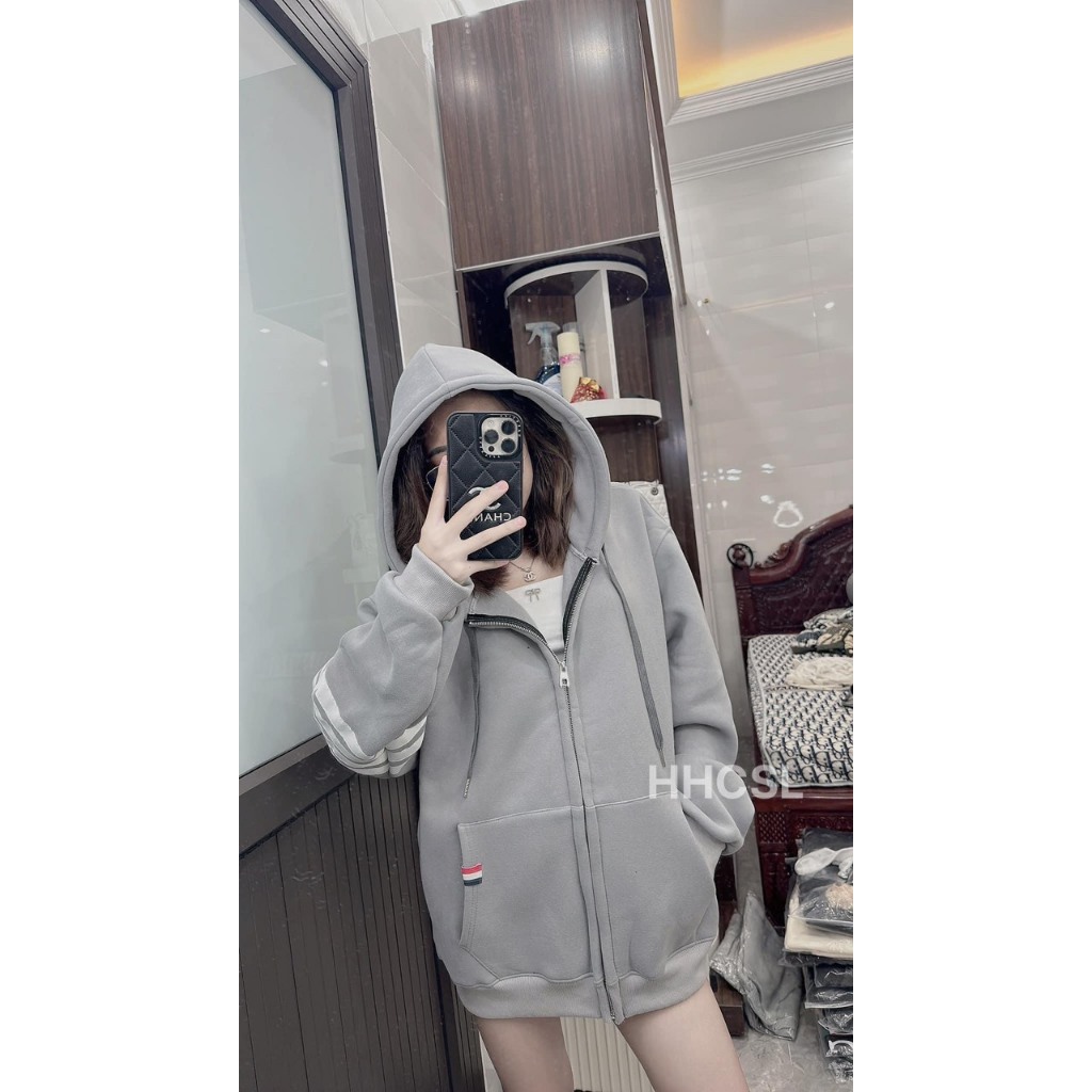 Áo Khoác, Áo Hodie Zip Kéo Khóa Màu Xám Đen THOMER 4 Vạch Cánh Tay Sang Chảnh