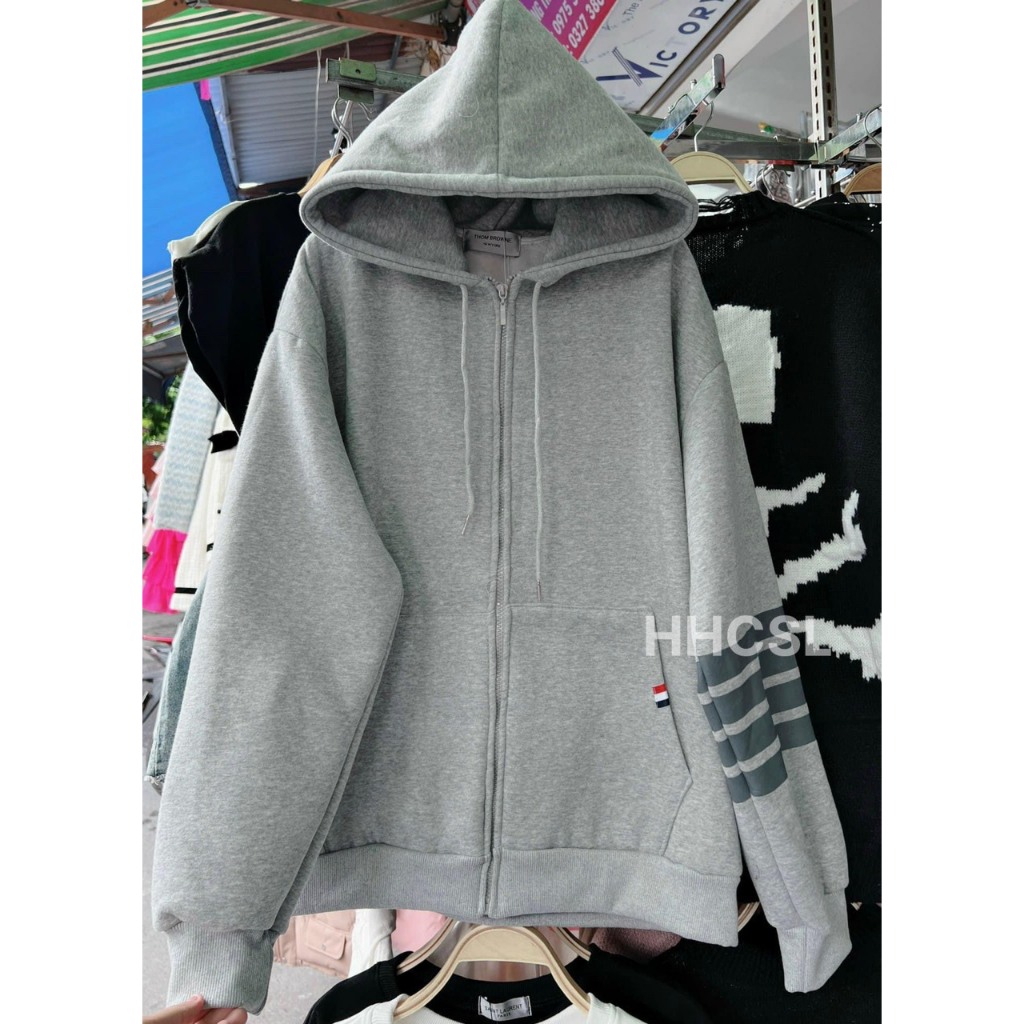 Áo Khoác, Áo Hodie Zip Kéo Khóa Màu Xám Đen THOMER 4 Vạch Cánh Tay Sang Chảnh