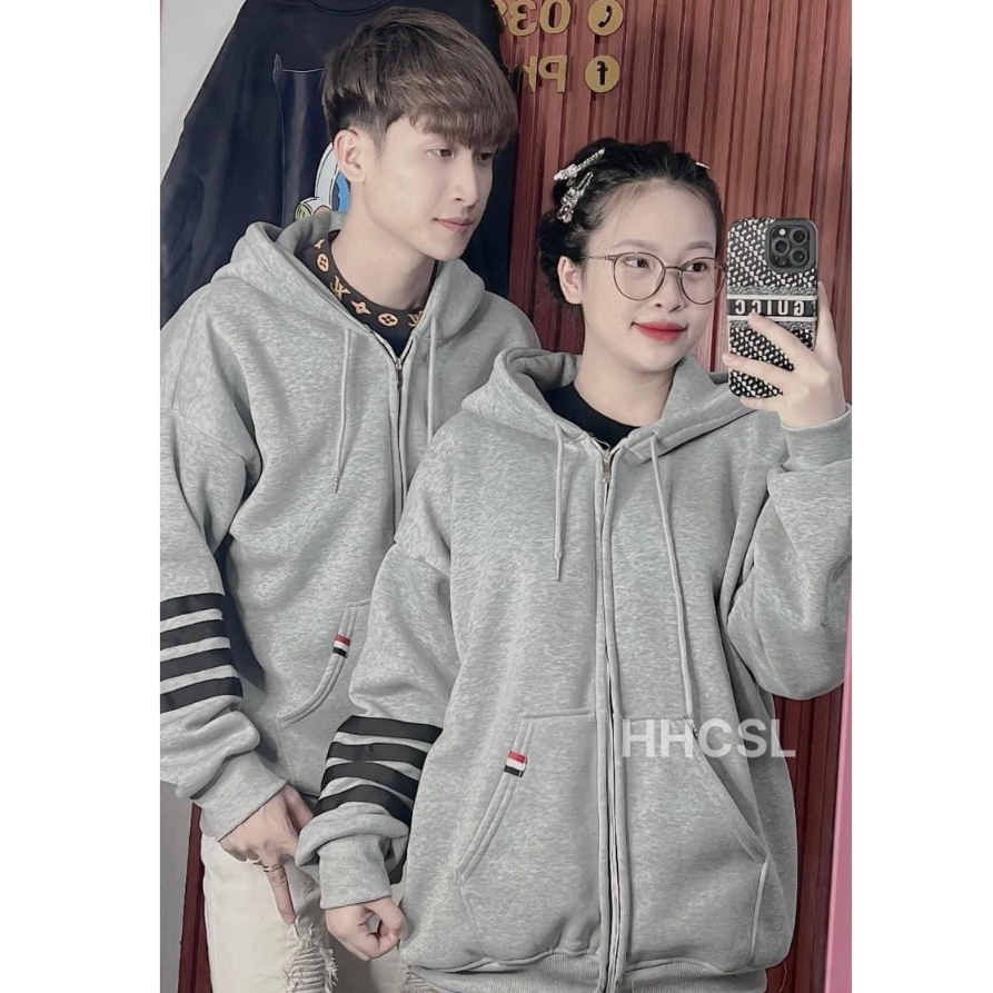 Áo Khoác, Áo Hodie Zip Kéo Khóa Màu Xám Đen THOMER 4 Vạch Cánh Tay Sang Chảnh