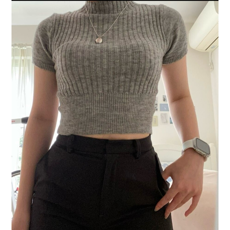 Áo dệt kim ngắn tay dáng croptop thời trang thu đông.