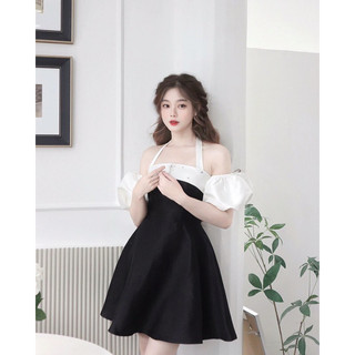 Váy Dự Tiệc Tay Bồng Đính Đá Dây Cổ Buộc Tiểu Thư
