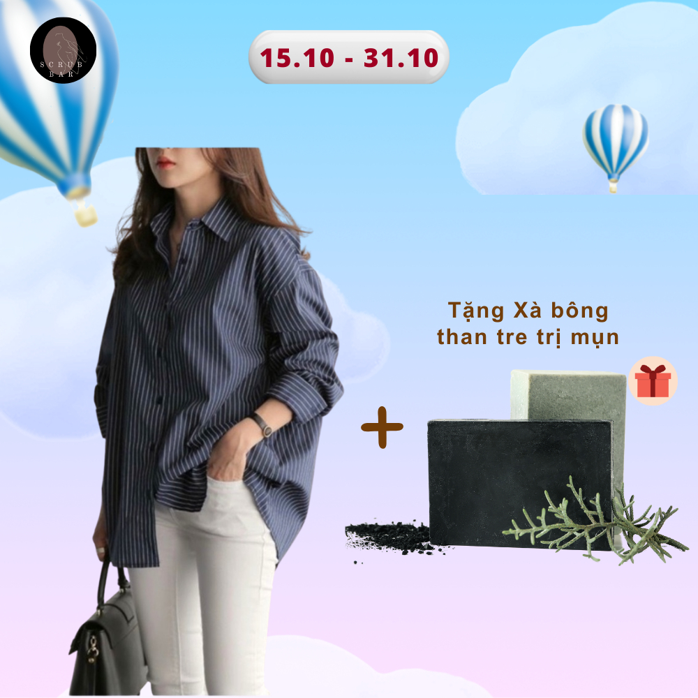 Áo sơ mi xanh đậm Hàn Quốc sọc dài tay AS421 công sở thanh lịch dạo phố đáng yêu đơn giản