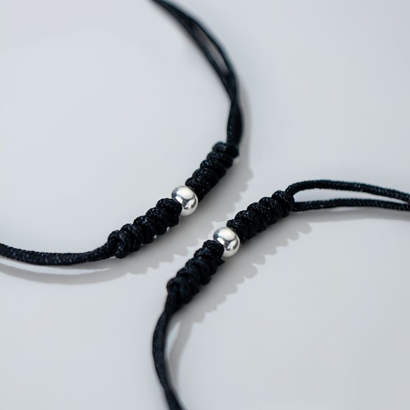 Vòng tay đôi nam nữ hạt bạc tròn đan dây dù có thể điều chỉnh, vòng tay nam châm cho cặp đôi.