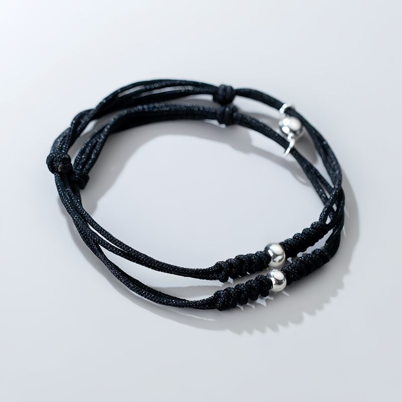 Vòng tay đôi nam nữ hạt bạc tròn đan dây dù có thể điều chỉnh, vòng tay nam châm cho cặp đôi.