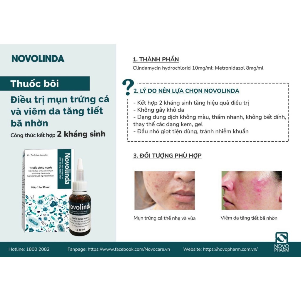 Bôi chấm mụn Novolinda, đánh bay mụn trứng cá, mụn mủ, viêm da tiết bã nhờn