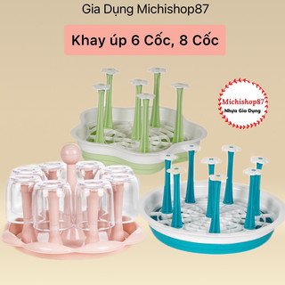 Khay úp cốc, giá úp ly 6 cốc, 8 cốc nhựa hình hoa xinh xắn, khay nhựa úp cốc chén