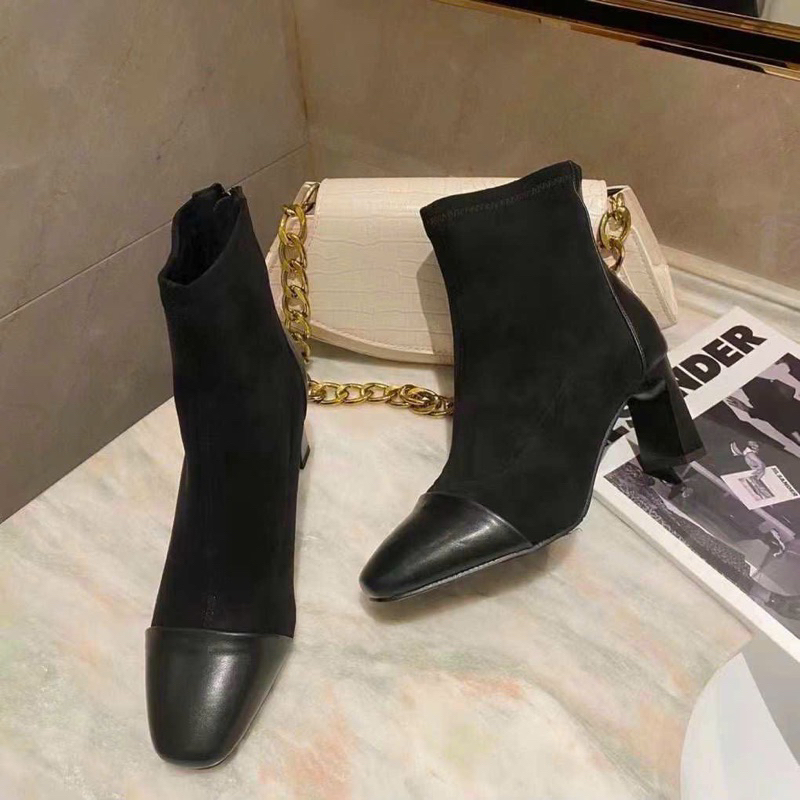 Giày Bốt Gót Dẹp Da Phối Mũi Hậu Da Chuẩn Cao Cấp Siêu Hot