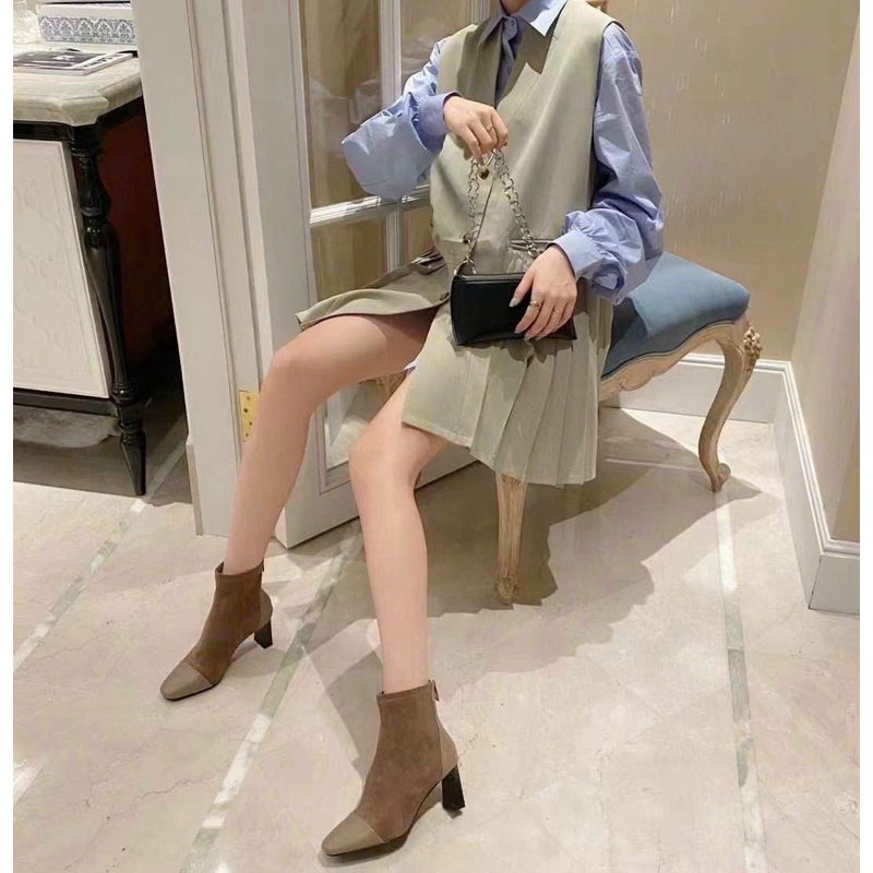 Giày Bốt Gót Dẹp Da Phối Mũi Hậu Da Chuẩn Cao Cấp Siêu Hot