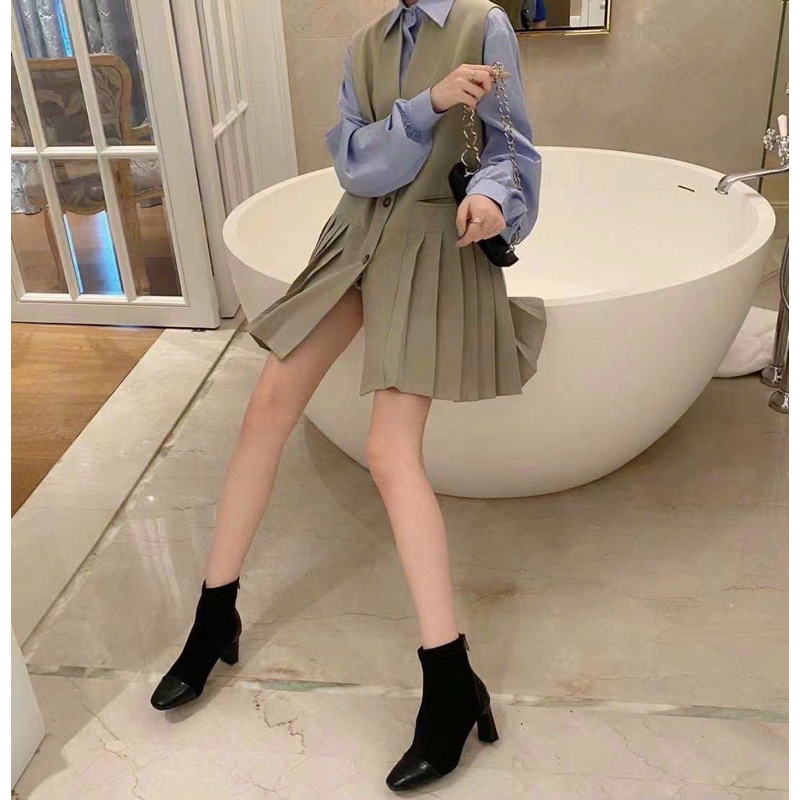 Giày Bốt Gót Dẹp Da Phối Mũi Hậu Da Chuẩn Cao Cấp Siêu Hot