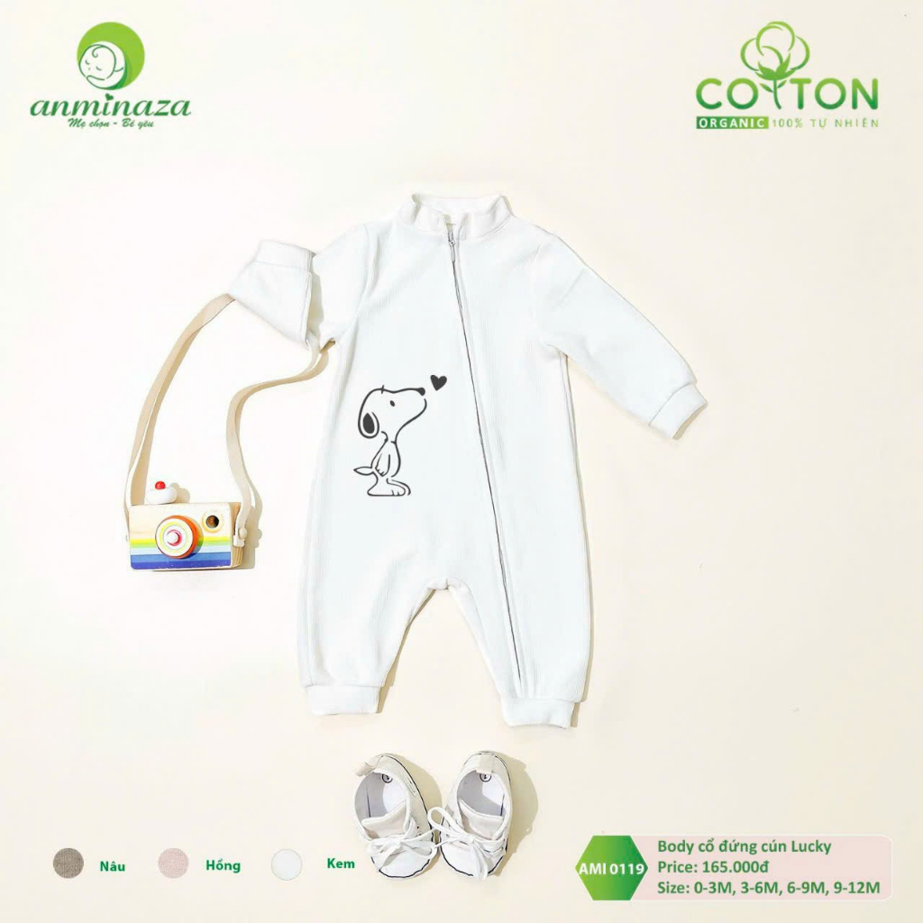 Body suit len tăm DÀI cho bé sơ sinh SỢI TRE cổ đứng, KHÓA DỌC tiện lợi 0-12m hình cún Anminaza Vietnam