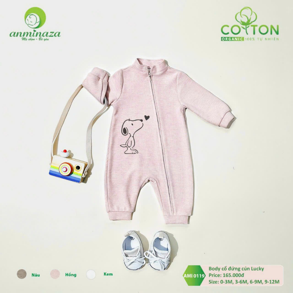 Body suit len tăm DÀI cho bé sơ sinh SỢI TRE cổ đứng, KHÓA DỌC tiện lợi 0-12m hình cún Anminaza Vietnam