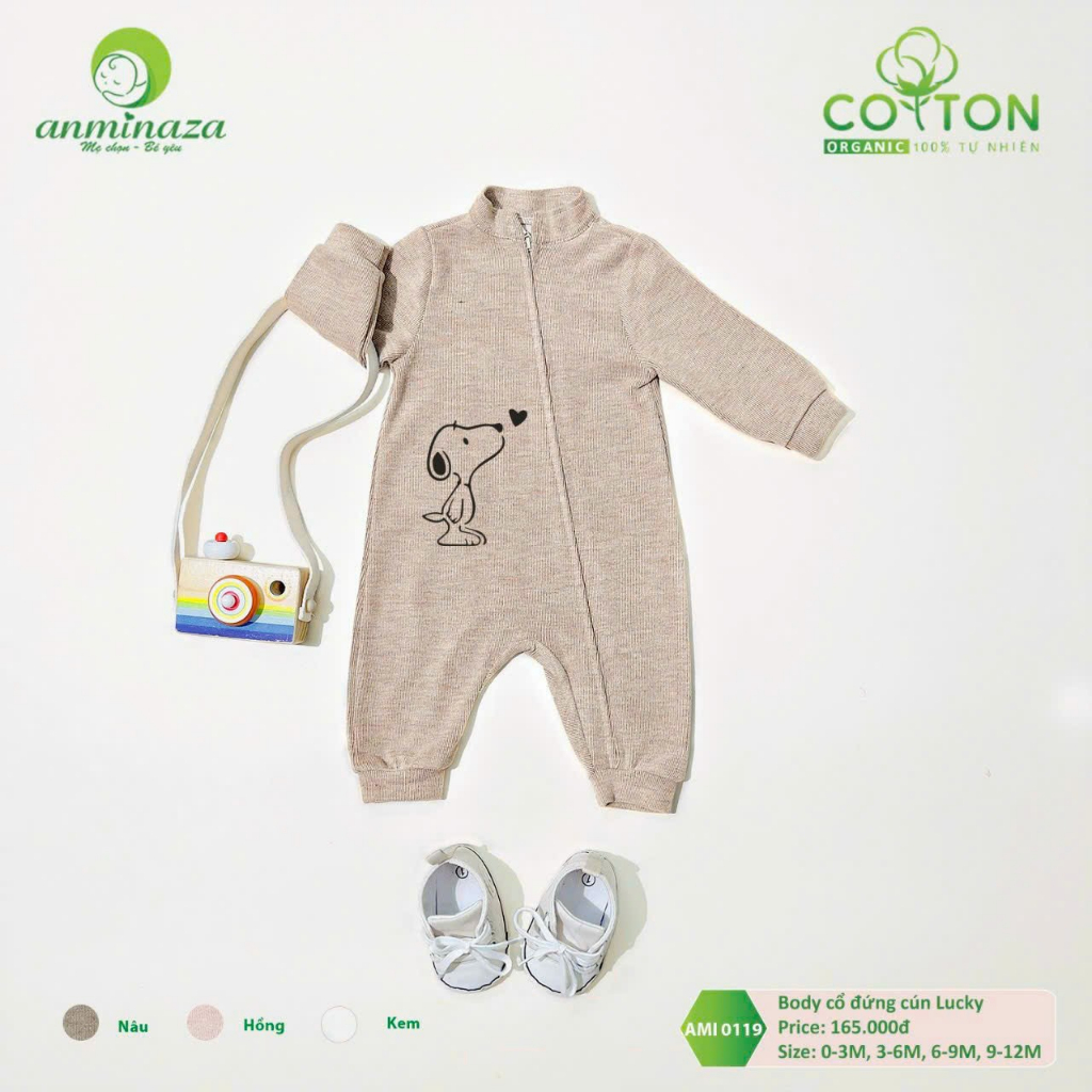 Body suit len tăm DÀI cho bé sơ sinh SỢI TRE cổ đứng, KHÓA DỌC tiện lợi 0-12m hình cún Anminaza Vietnam