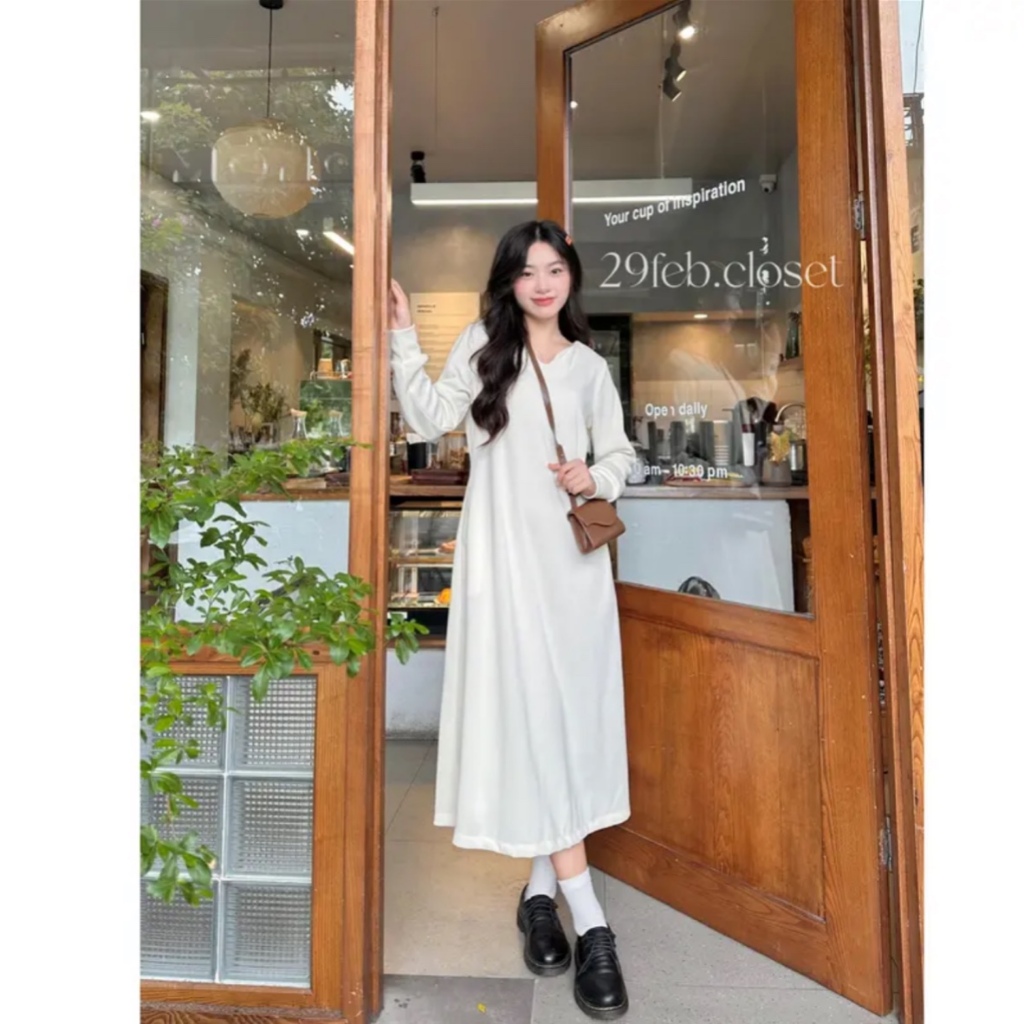 Váy dáng suông dài tay chất nỉ tăm cổ v siêu hot Hari GenZ 0216 P5K1
