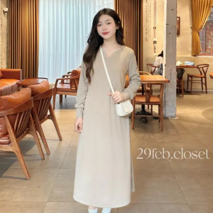 Váy dáng suông dài tay chất nỉ tăm cổ v siêu hot Hari GenZ 0216 P5K1