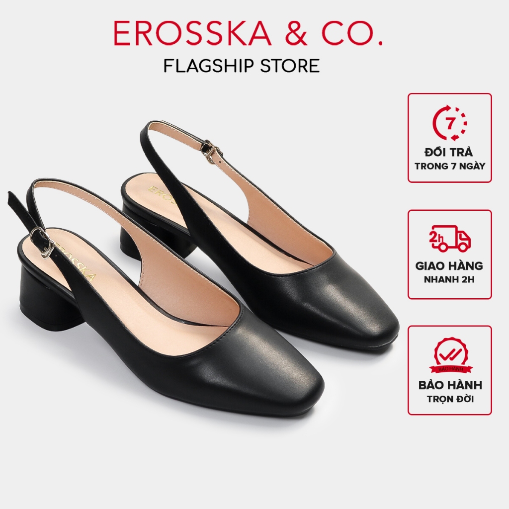 Giày cao gót slingback Erosska mũi vuông kiểu dáng basic gót vuông vững chắc màu đen _ EL013