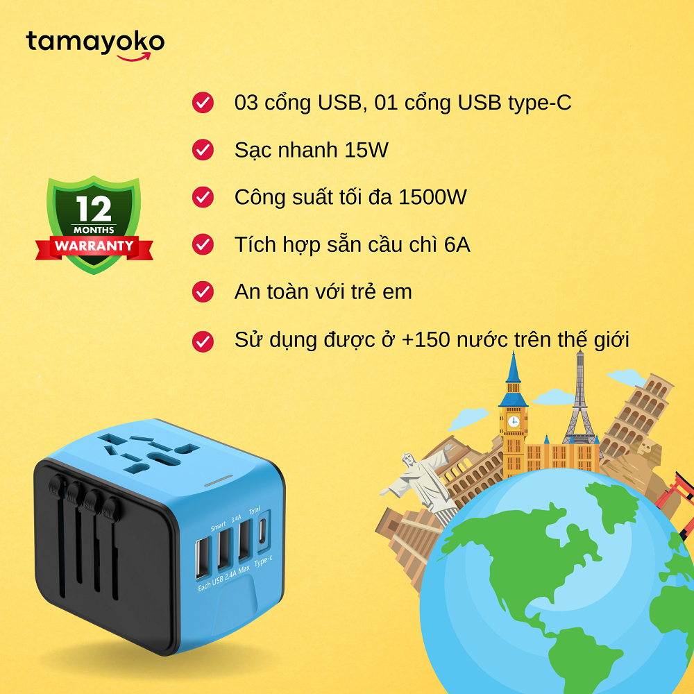 Ổ cắm điện Tamayoko sạc nhanh 15W Type C + USB cắm tải 1500W cho điện thoại/máy tính/ thiết bị gia dụng cỡ nhỏ