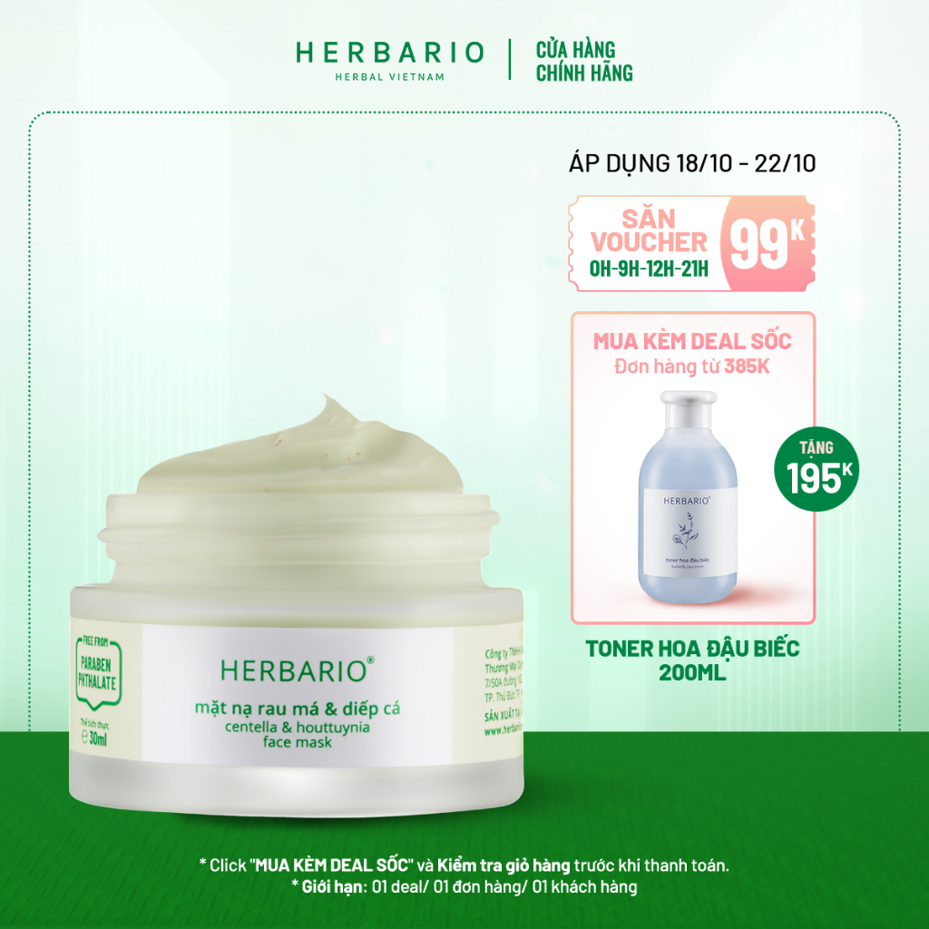 Mặt nạ Rau Má & Diếp Cá giảm dầu, mụn Herbario 30ml thuần chay