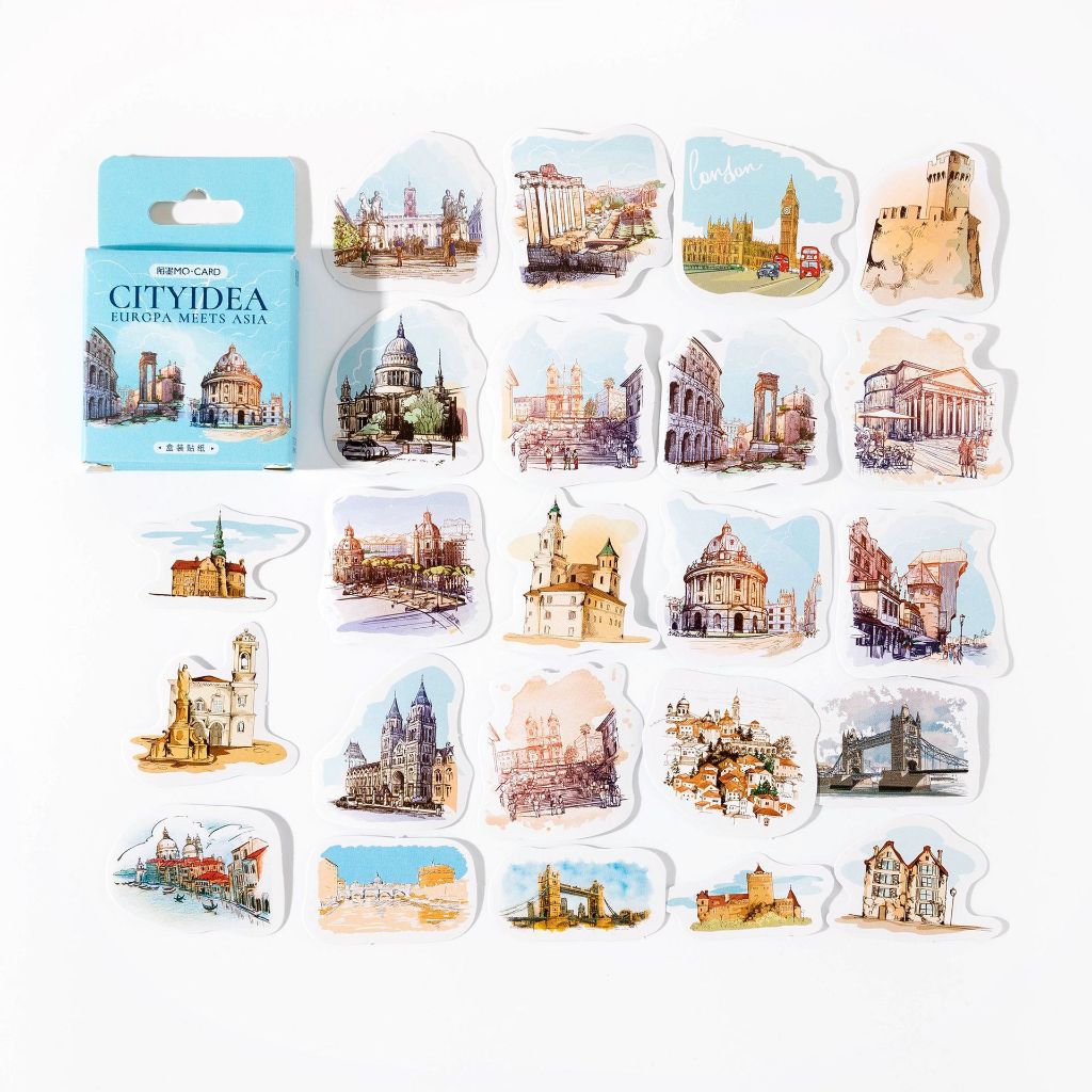 Hộp 46 chiếc sticker CITYIDEA EUROPA MEETS ASIA KÌ QUAN THẾ GIỚI TRAVEL KHÁM PHÁ dán Sổ Bullet Journal Thư Thiệp Quà