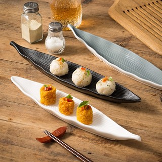 (HOT) Đĩa lá vân sọc men nhám 3 màu 35cm, khay sushi kimbab sang trọng - Bát đĩa sứ nhà hàng Bắc Âu