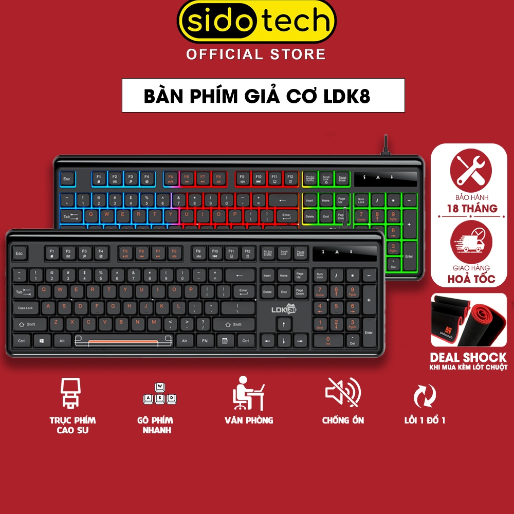 Bàn phím máy tính có dây gaming SIDOTECH LDK8 giả cơ led rainbow full size 104 key cho laptop pc làm việc chơi game