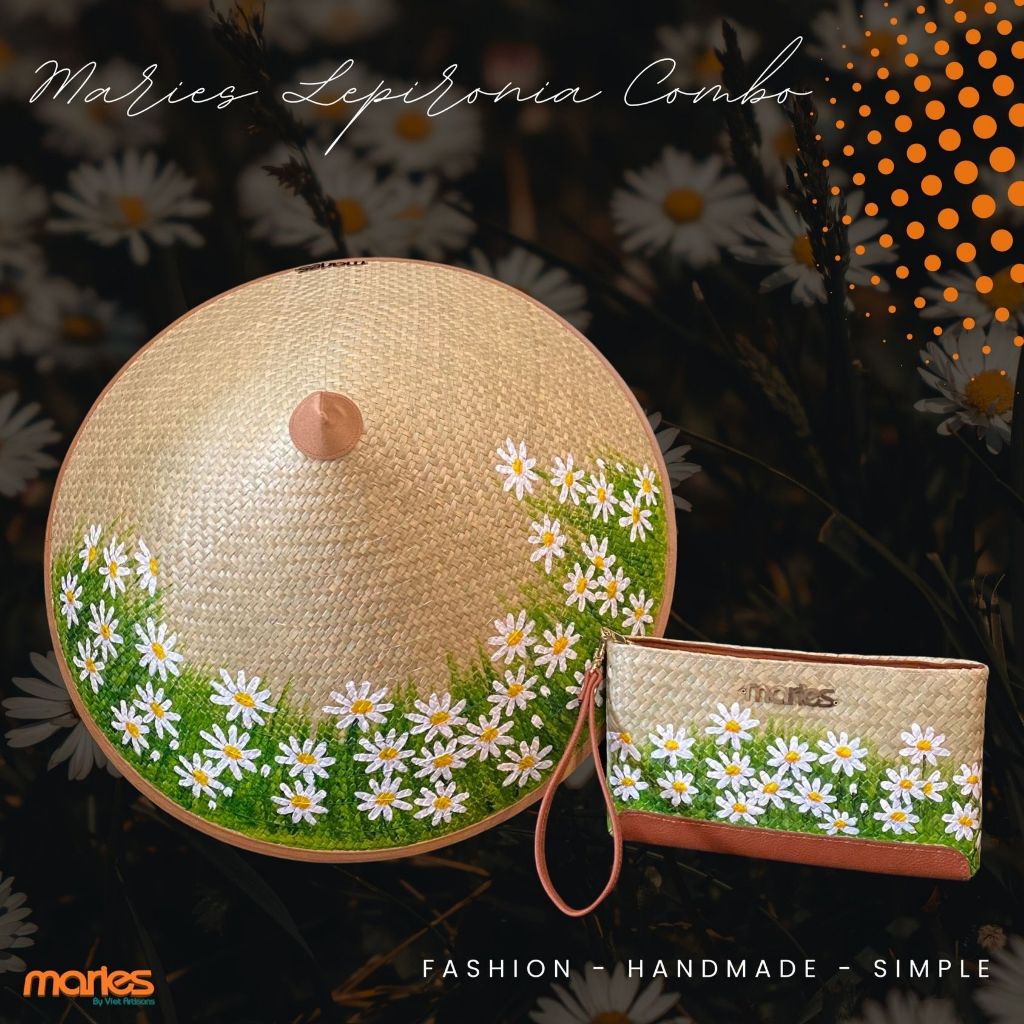 Nón Cỏ Bàng 16 Vành Hoạ Tiết Hoa Cúc Nhí Maries