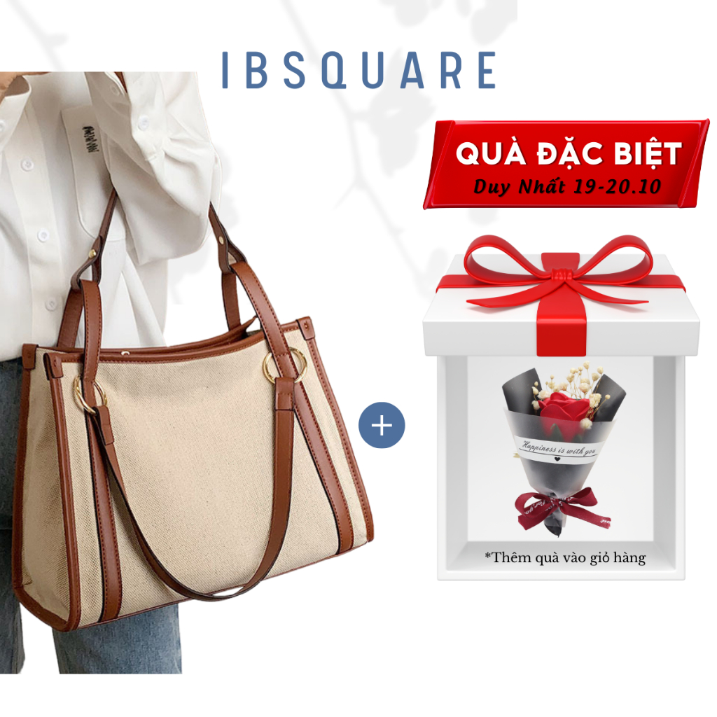 Túi Tote IBSQUARE TL18 vải canvas viền da sức chứa lớn đựng laptop, A4 phong cách thanh lịch