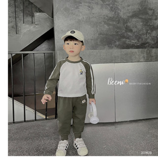  Set bộ quần áo dài tay raglan Beemo cho bé trai tay sọc thể thao in gấu đến trường vải cotton mặc thu đông 23162B 