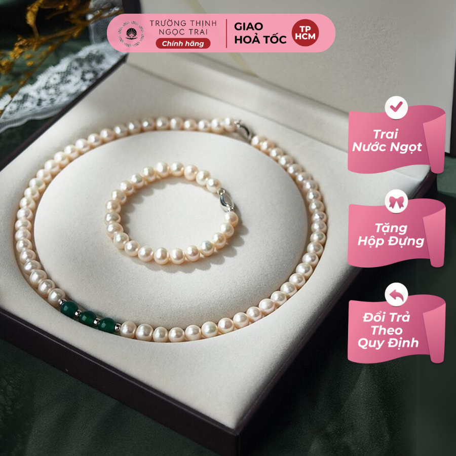 Bộ Trang Sức Ngọc Trai Màu Trắng 8ly Khóa Bạc Gồm Dây Chuyền, Vòng Tay - Ngọc Trai Trường Thịnh