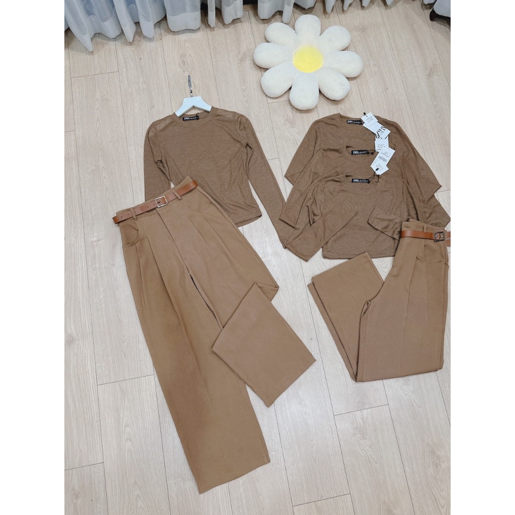 SÉT ÁO LEN ZIP MIX QUẦN LI SUÔNG MÀU NÂU