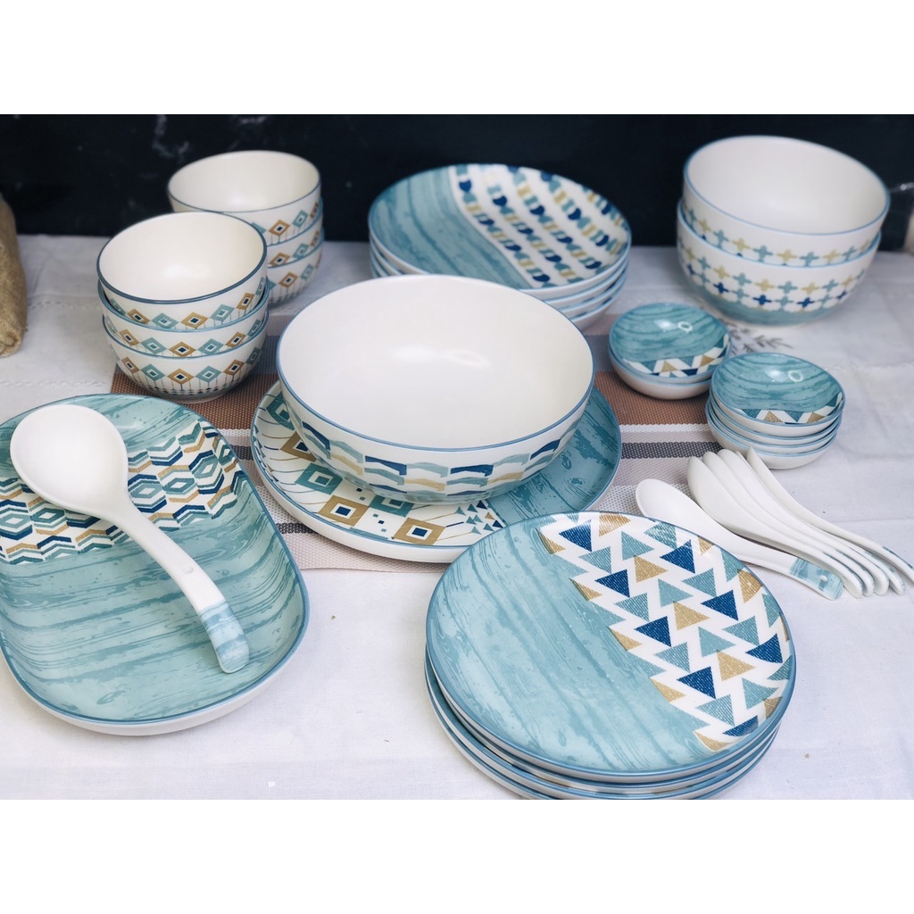 Bộ bát đĩa sứ màu xanh đại dương hàng cao cấp ( Hàng có sẵn - hoàn tiền 100% nếu vận chuyển giao tới nứt vỡ)