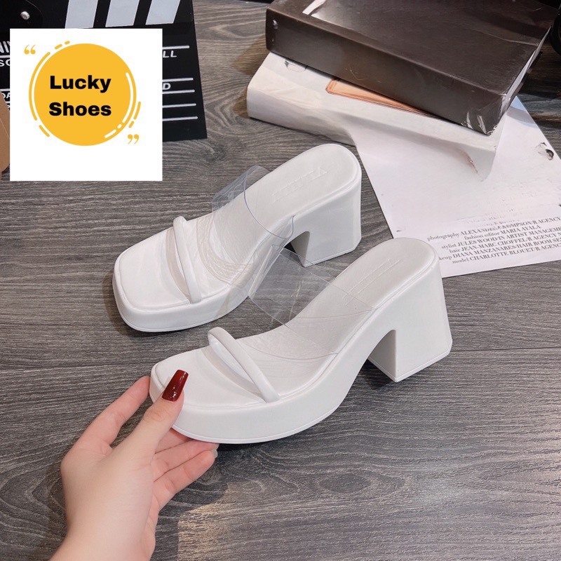 Dép nữ đế xuồng quai mica, quai da lì gót thô pu 9cm