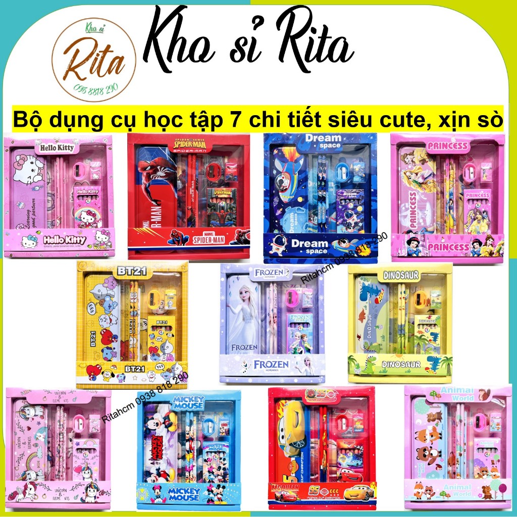 Ritahcm siêu rẻ❤️ Bộ dụng cụ học tập 7 món kèm hộp quà siêu cute nhiều chủ đề