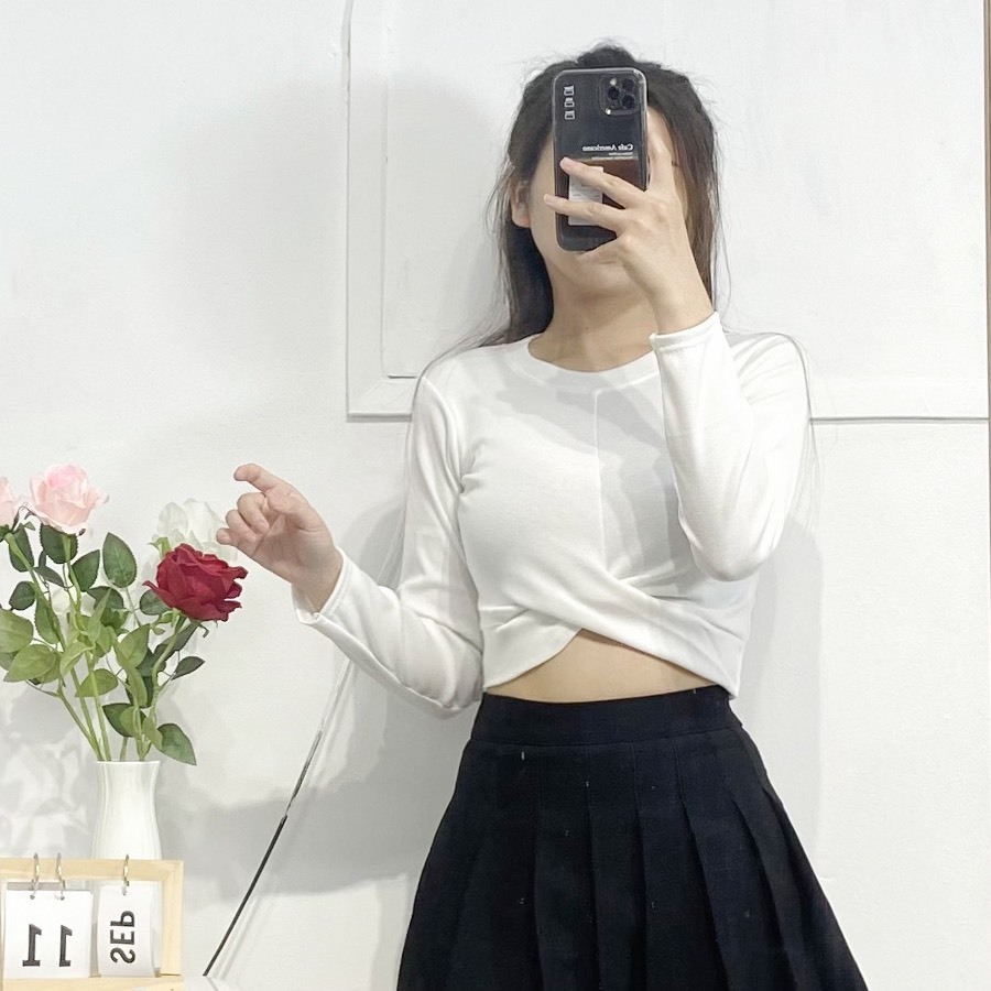 Áo thun nữ áo kiểu nữ cổ tròn tay dài xoắn eo dáng croptop chất thun tăm co giãn PANOSI - A765