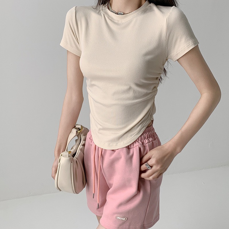 Áo thun nữ cổ tròn tay ngắn vạt bầu nhún eo chất thun tăm co giãn PANOSI - A333