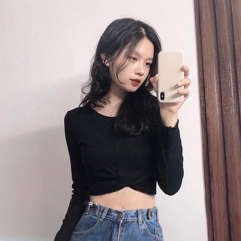 Áo thun nữ áo kiểu nữ cổ tròn tay dài xoắn eo dáng croptop chất thun tăm co giãn PANOSI - A765