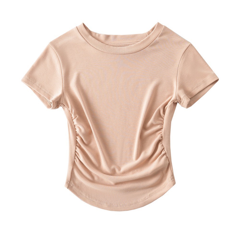 Áo thun nữ cổ tròn tay ngắn vạt bầu nhún eo chất thun tăm co giãn PANOSI - A333