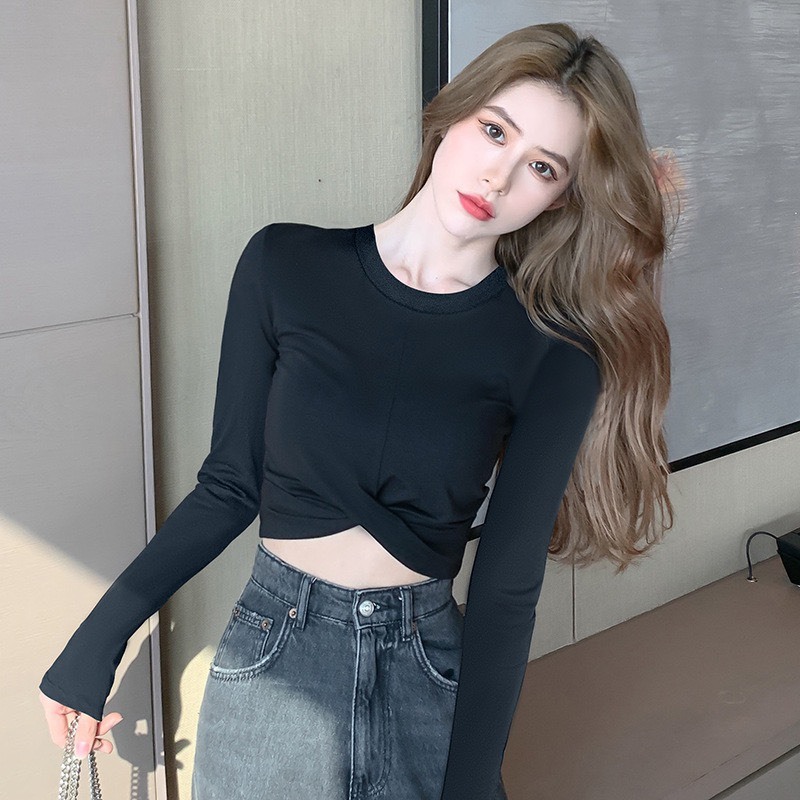 Áo thun nữ áo kiểu nữ cổ tròn tay dài xoắn eo dáng croptop chất thun tăm co giãn PANOSI - A765