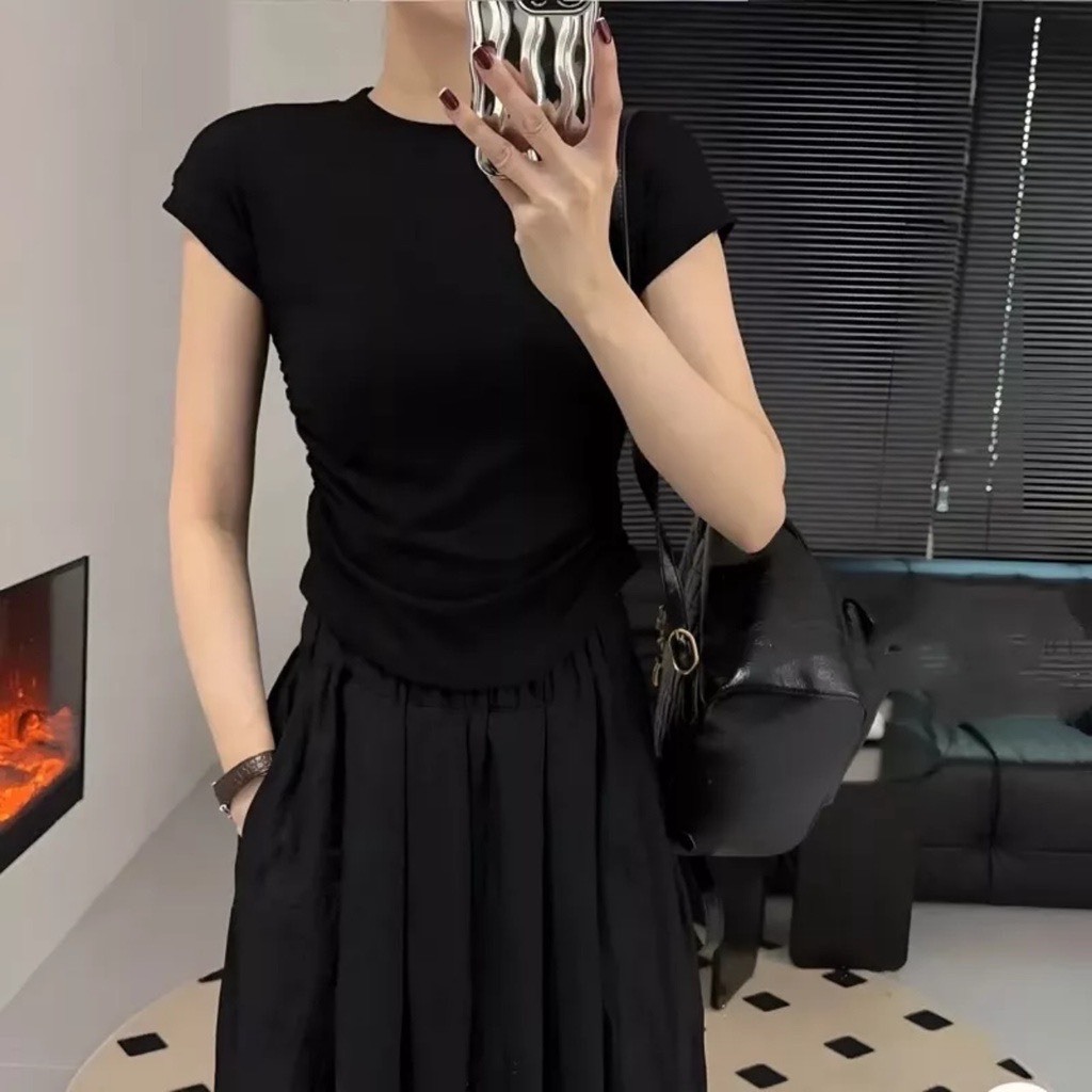 Áo thun nữ cổ tròn tay ngắn vạt bầu nhún eo chất thun tăm co giãn PANOSI - A333