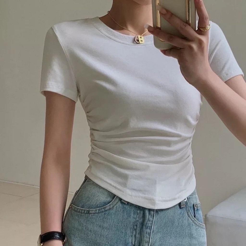 Áo thun nữ cổ tròn tay ngắn vạt bầu nhún eo chất thun tăm co giãn PANOSI - A333