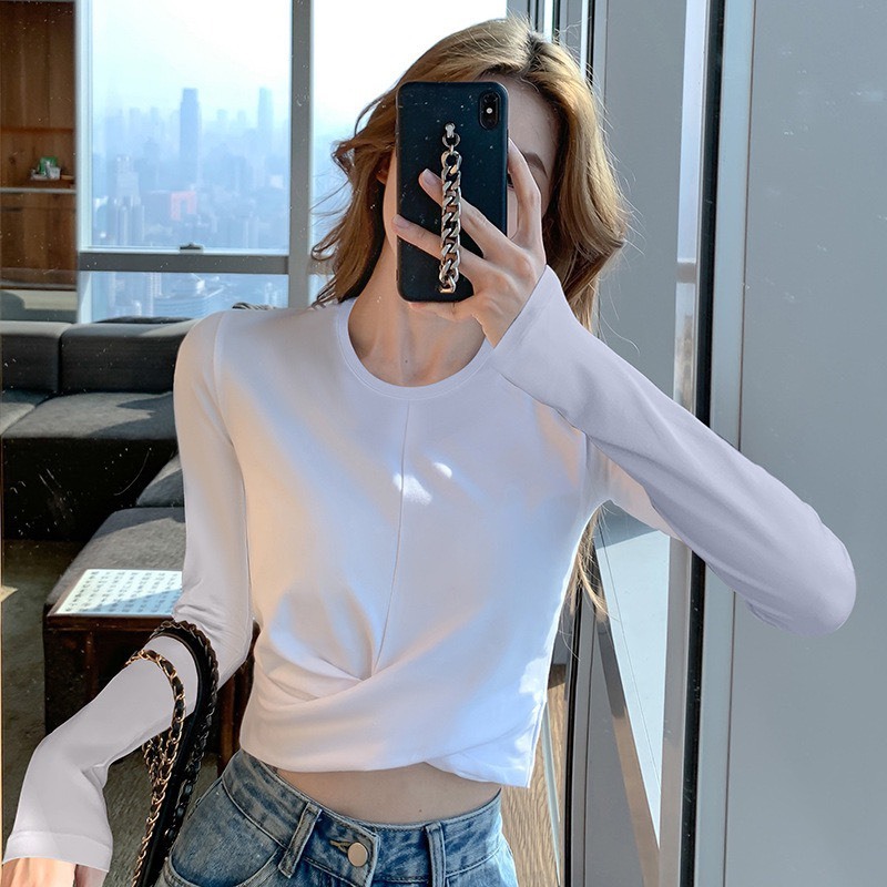 Áo thun nữ áo kiểu nữ cổ tròn tay dài xoắn eo dáng croptop chất thun tăm co giãn PANOSI - A765