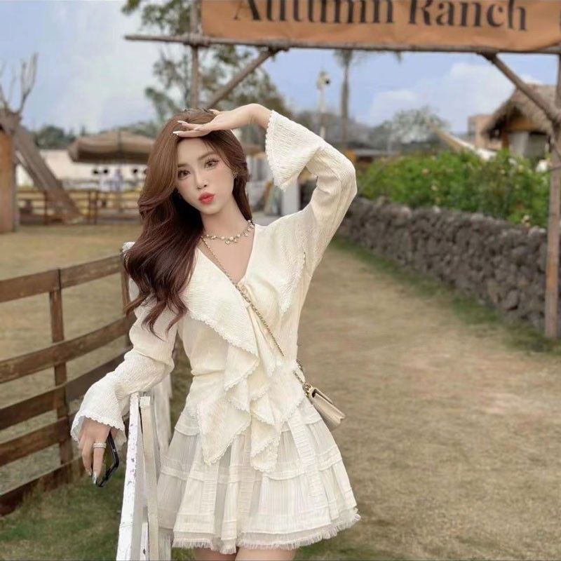 Set bộ phối bèo viền ren chiết eo nữ tính bộ đồ nữ bánh bèo chân váy tiểu thư PANOSI - B804