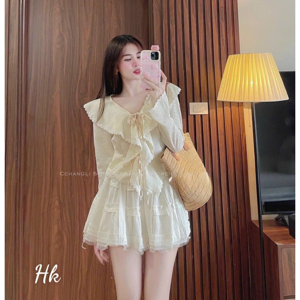 Set áo váy phối bèo chiết eo nữ tính, Set bộ đồ nữ phối ren áo buộc nơ sau phối chân váy xòe có lót tiểu thư B804 SUTANO